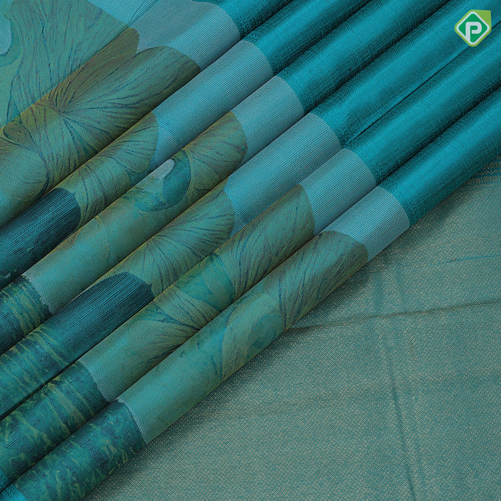 Jade green color nice texture matte finish nature scenery effect art work border signature edition silk saree
