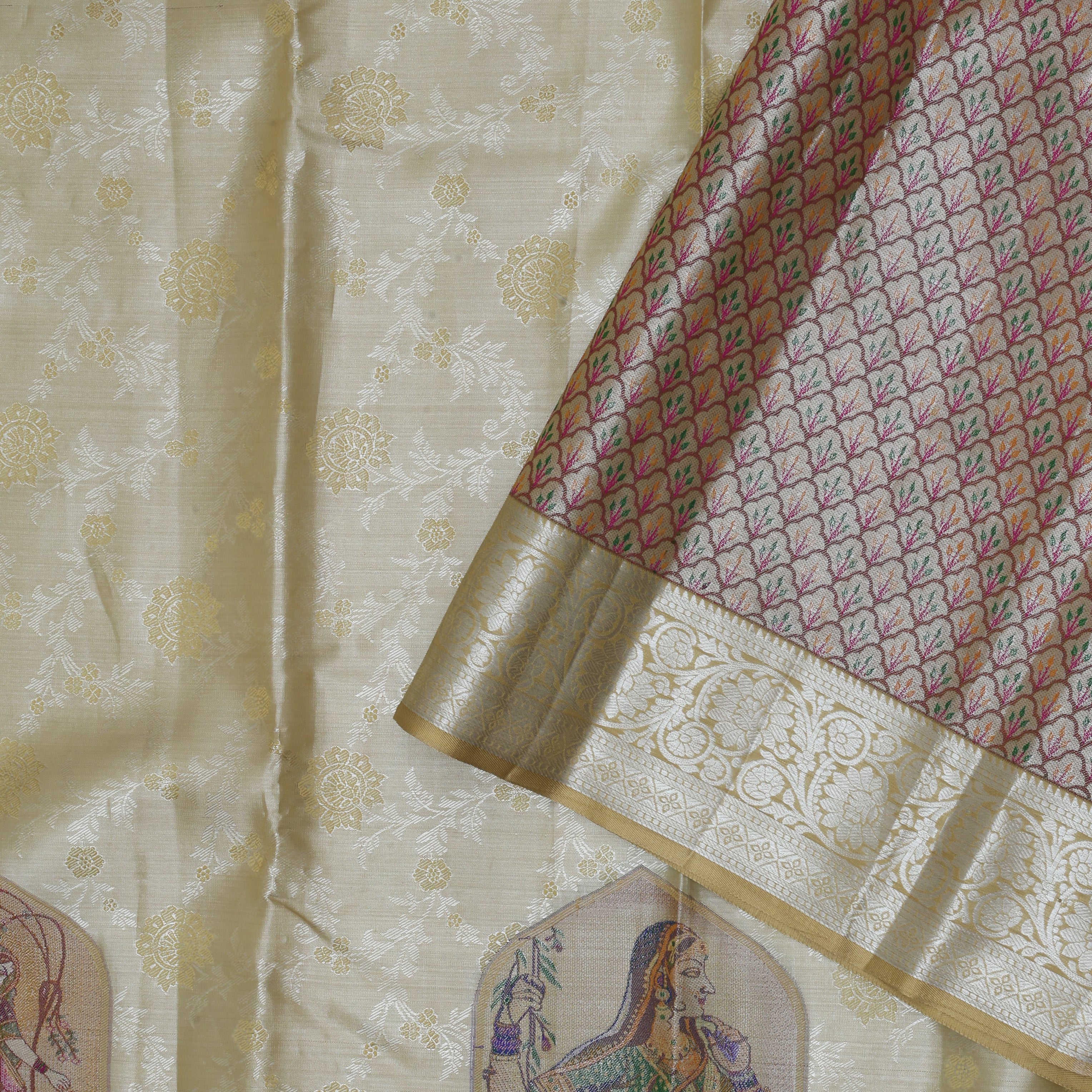 Banana yellow silver zari meera in arch design self silver zari rangoli floral design border tissue silk saree