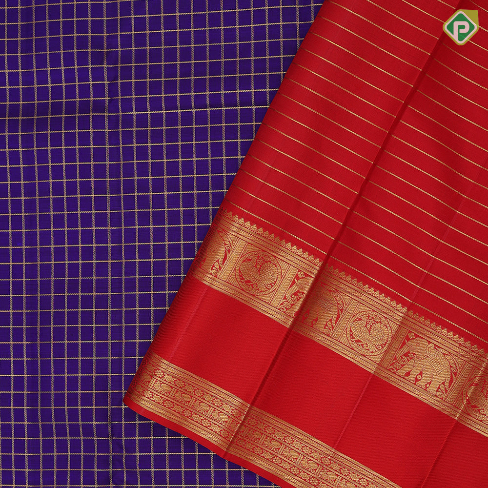 Navy blue gold zari kattam checks contrast rani red gold zari butta rette pett retro traditional silk saree