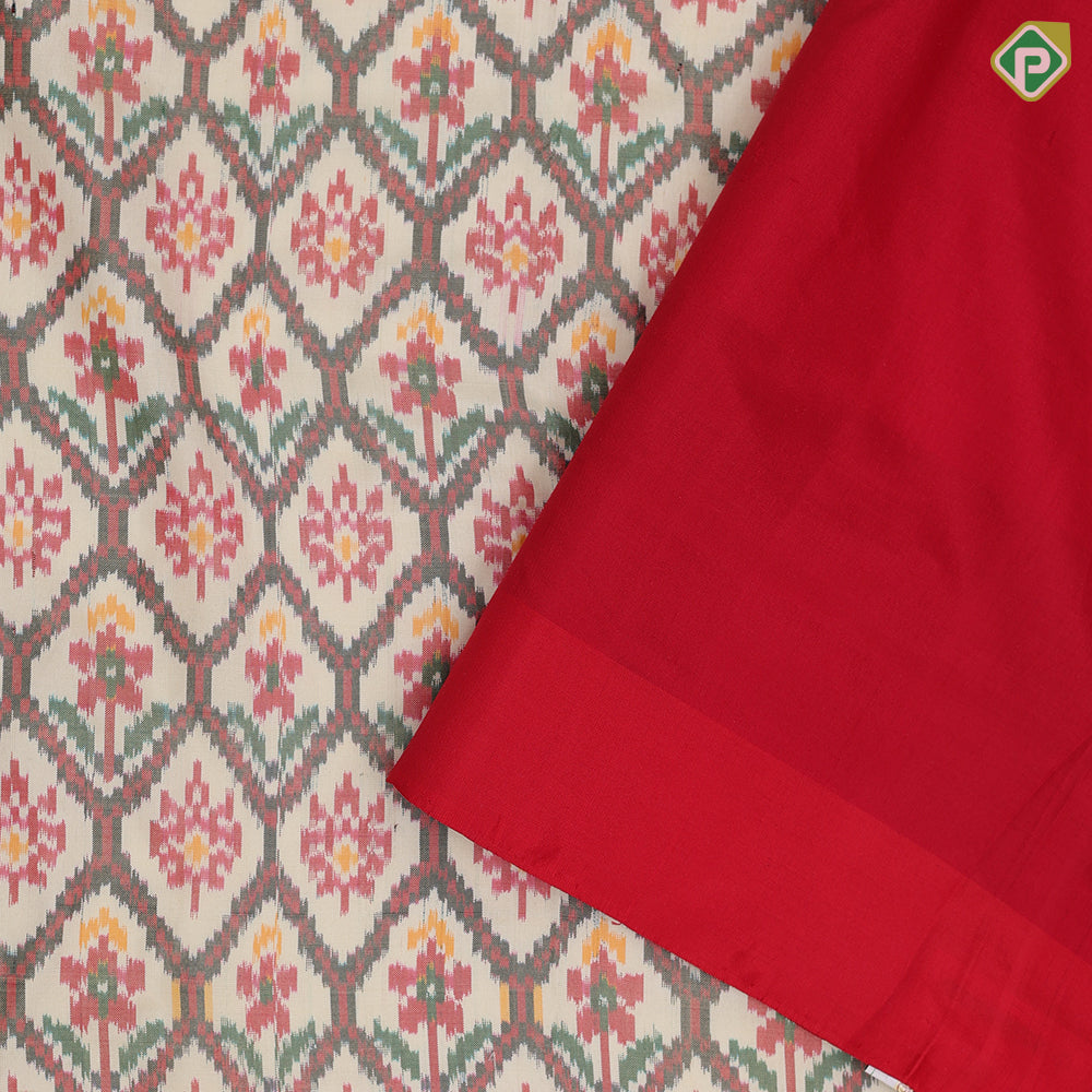 cream white with multi color ikkat design maroon red ikkat design half plain border ikkat silk saree