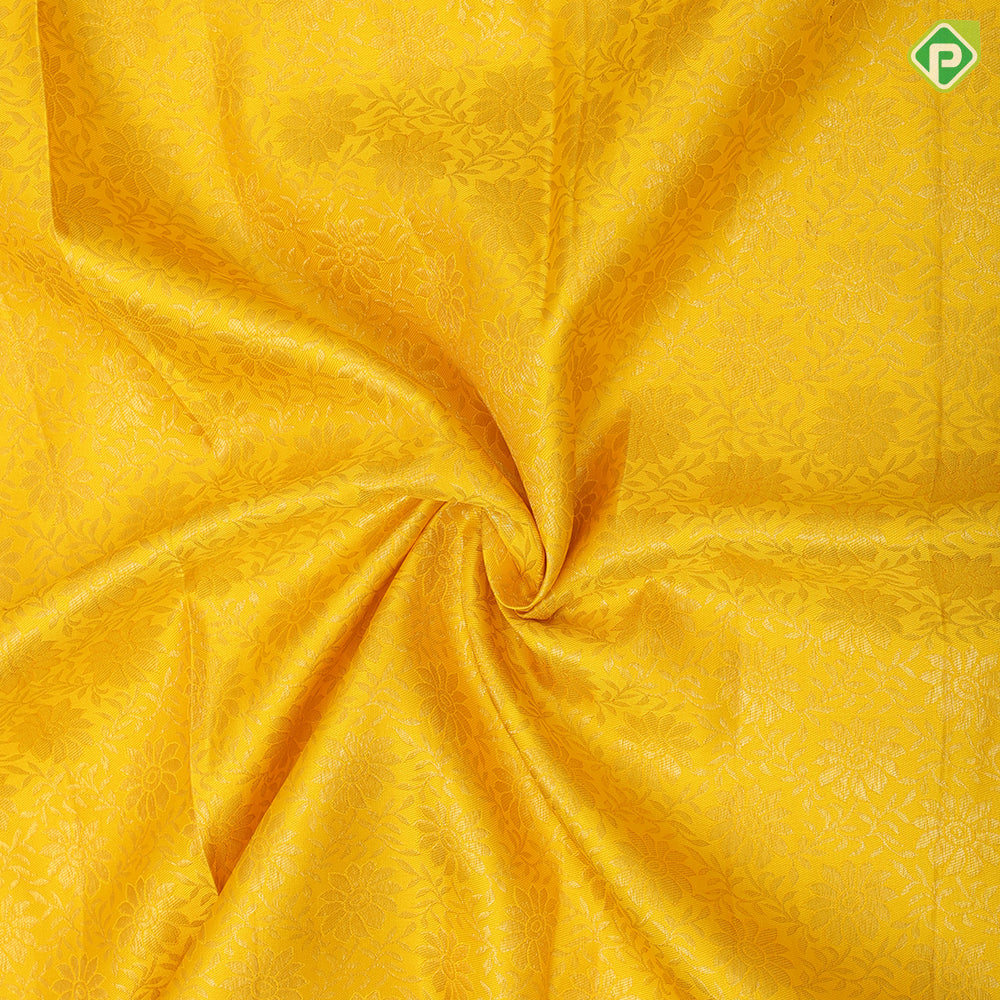 mango yellow gold zari grand floral design deep sky blue gold zari micro diamond border pattu paavadai thavani  3 in 1 set