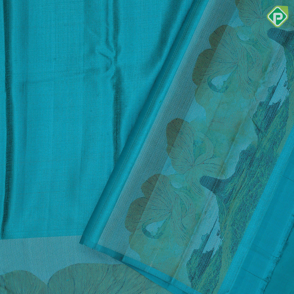 Jade green color nice texture matte finish nature scenery effect art work border signature edition silk saree