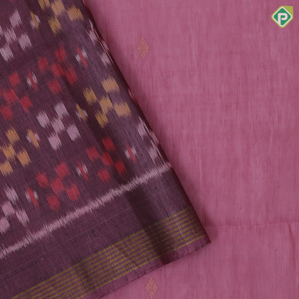 Lavender gold zari diamond shape flower butta motifs self gold zari lines border ikkat design pallu linen soft silk saree