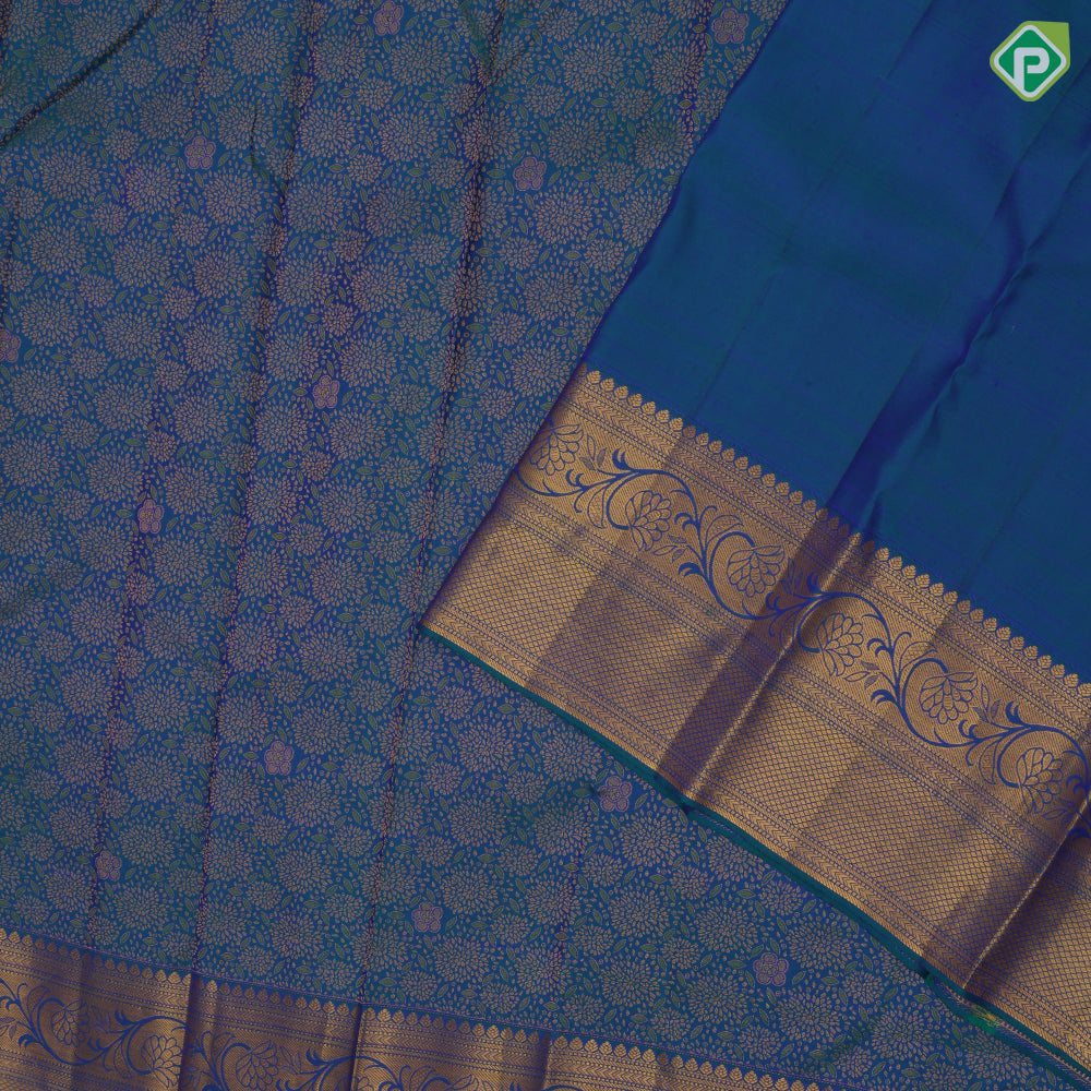 Peacock blue gold zari fancy flower meena work self gold zari rangoli border grand bridal silk saree
