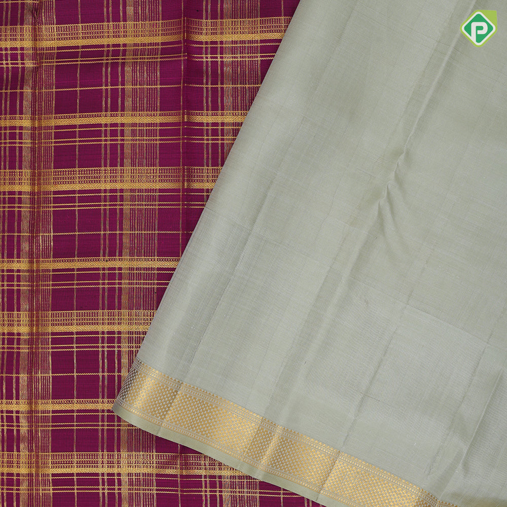magenta gold zari multi lines checks design mint green gold zari meena work design border pichwai fusion silk saree
