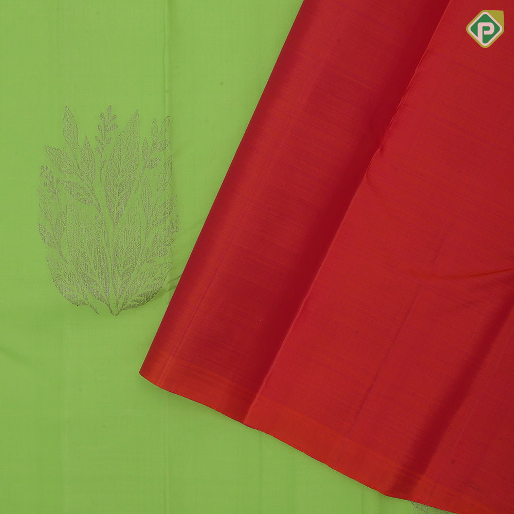 Parrot Green Neem Zari Leaf Design Border Less Fancy Trendy Silk Saree