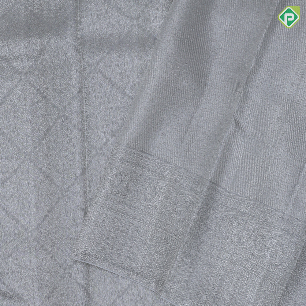 Ash grey silver grand self checks design self silver zari rangoli design border kanchi koora silk saree