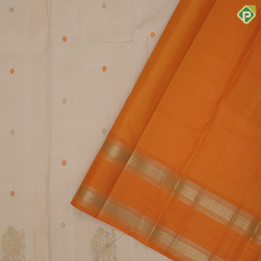 Sandal gold zari thread butta and big Annam butta motifs design orange gold zari retta pett border traditional silk saree