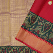 Onion pink gold zari filled Checks design green with gold zari peacock meena work red temple border grand exclusive bridal silk saree