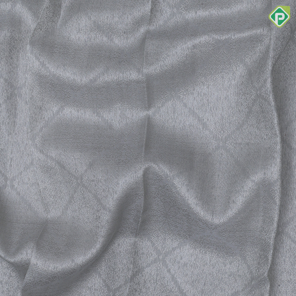 Ash grey silver grand self checks design self silver zari rangoli design border kanchi koora silk saree