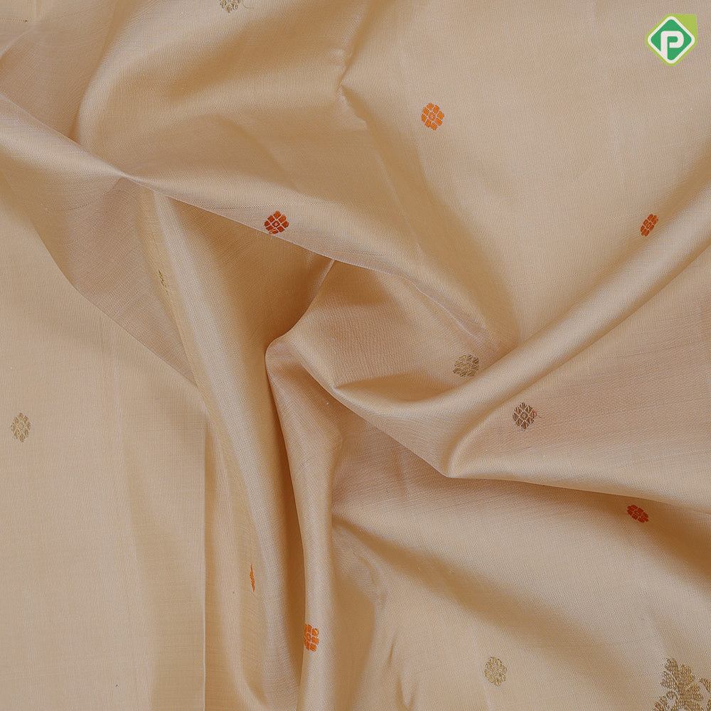 Sandal gold zari thread butta and big Annam butta motifs design orange gold zari retta pett border traditional silk saree