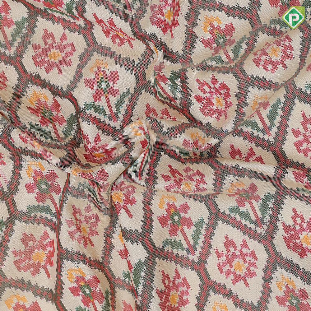 cream white with multi color ikkat design maroon red ikkat design half plain border ikkat silk saree
