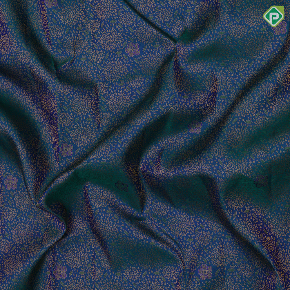 Peacock blue gold zari fancy flower meena work self gold zari rangoli border grand bridal silk saree