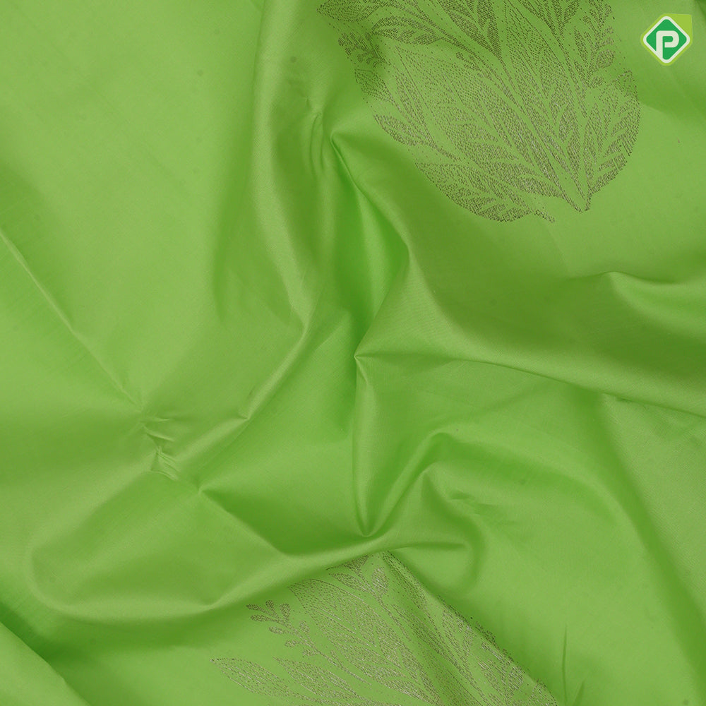 Parrot Green Neem Zari Leaf Design Border Less Fancy Trendy Silk Saree