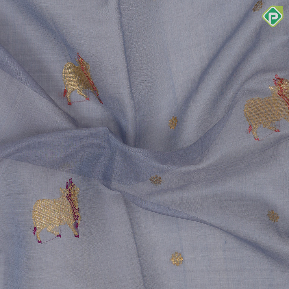 blueish grey gold zari thread work cow butta design contrast purple gold peacock butta mayilkan border pichwai silk saree