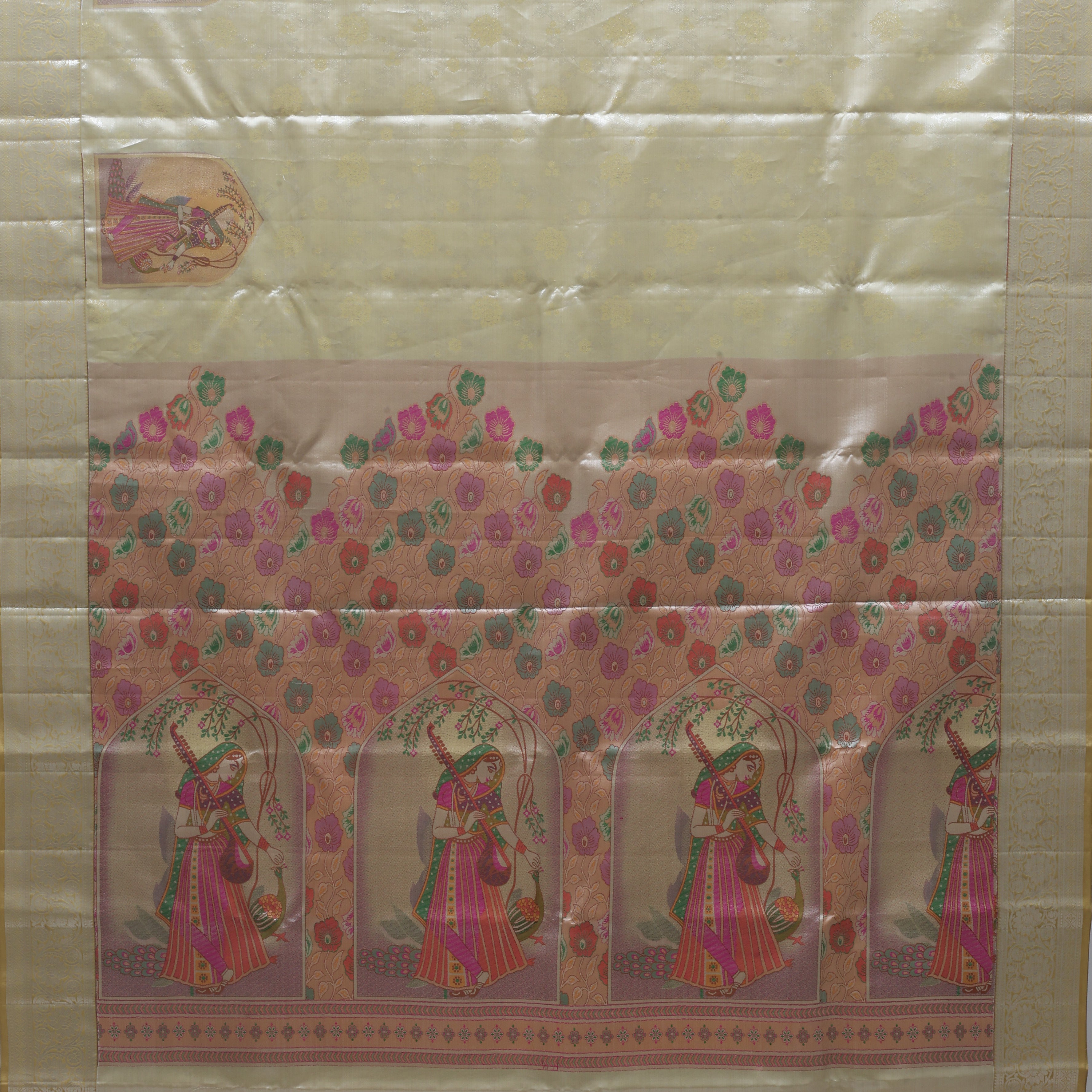 Banana yellow silver zari meera in arch design self silver zari rangoli floral design border tissue silk saree