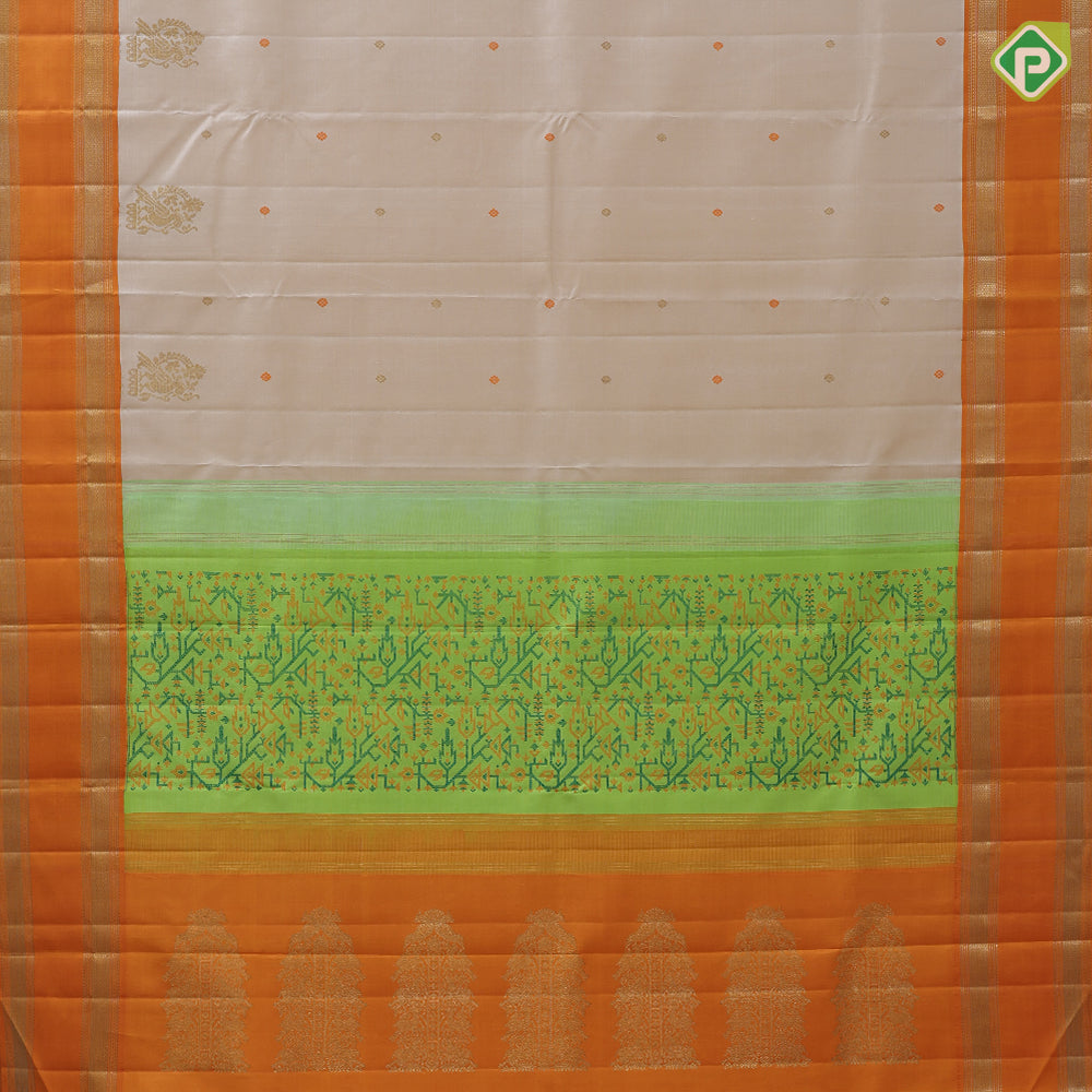Sandal gold zari thread butta and big Annam butta motifs design orange gold zari retta pett border traditional silk saree