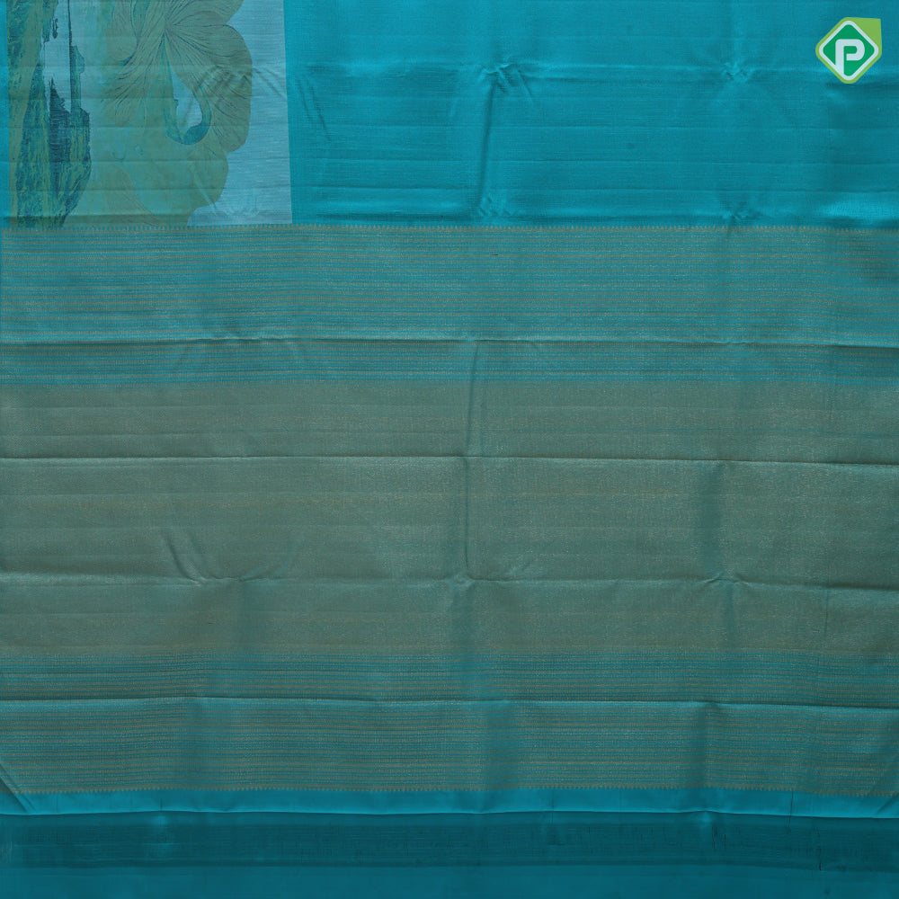 Jade green color nice texture matte finish nature scenery effect art work border signature edition silk saree