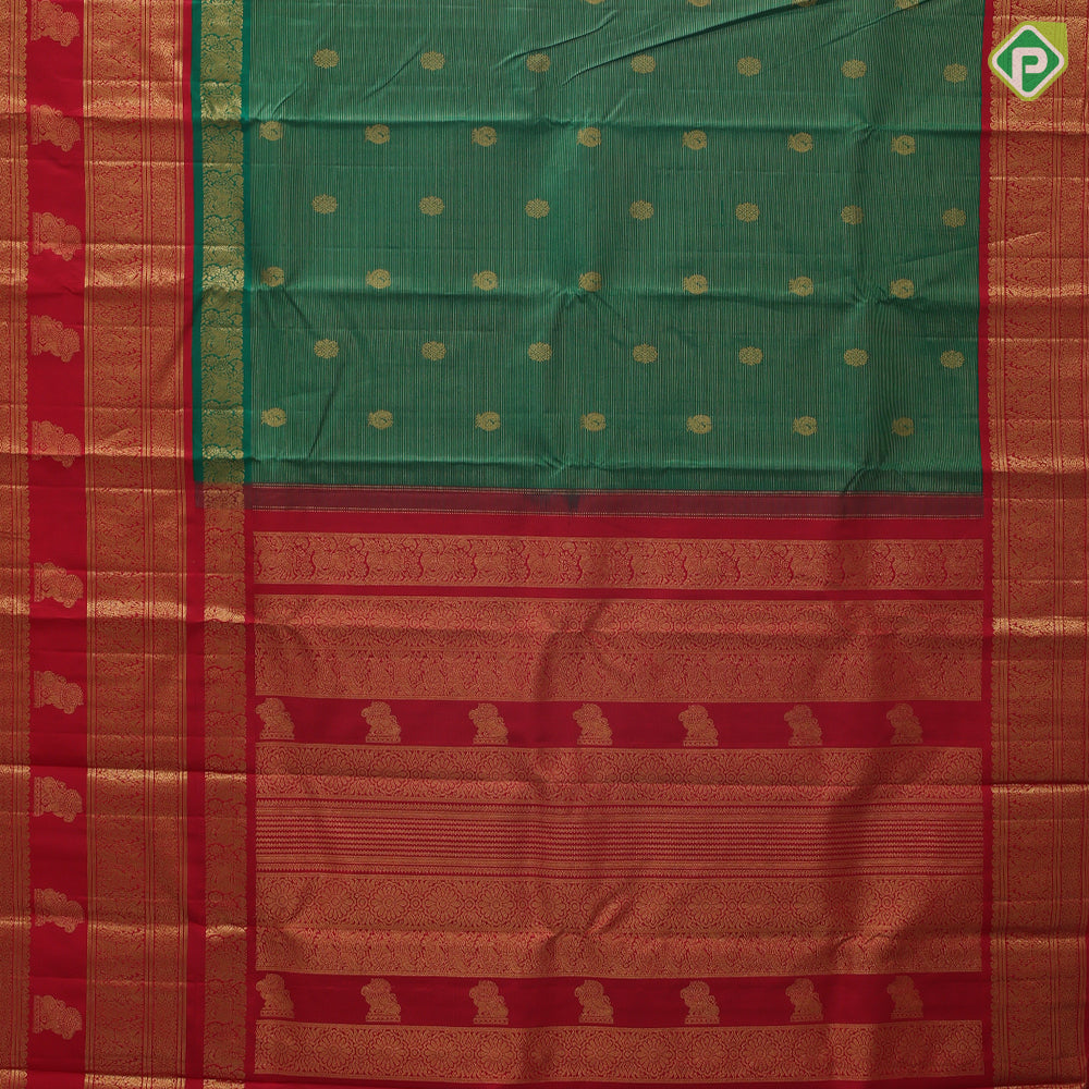Forest green gold zari vairaoosi peacock chakkaram contrast red gold zari gaja yaali butta border traditional vintage silk saree