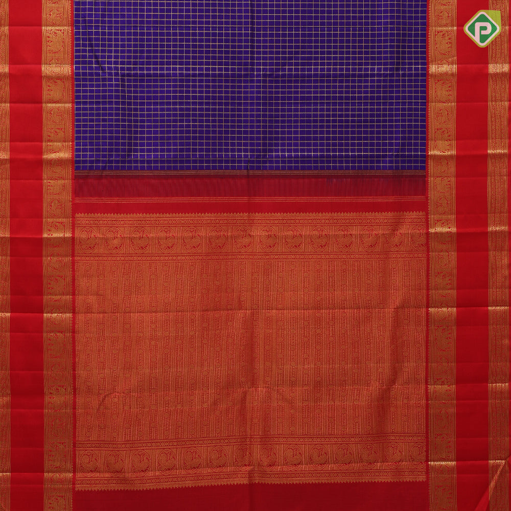 Navy blue gold zari kattam checks contrast rani red gold zari butta rette pett retro traditional silk saree
