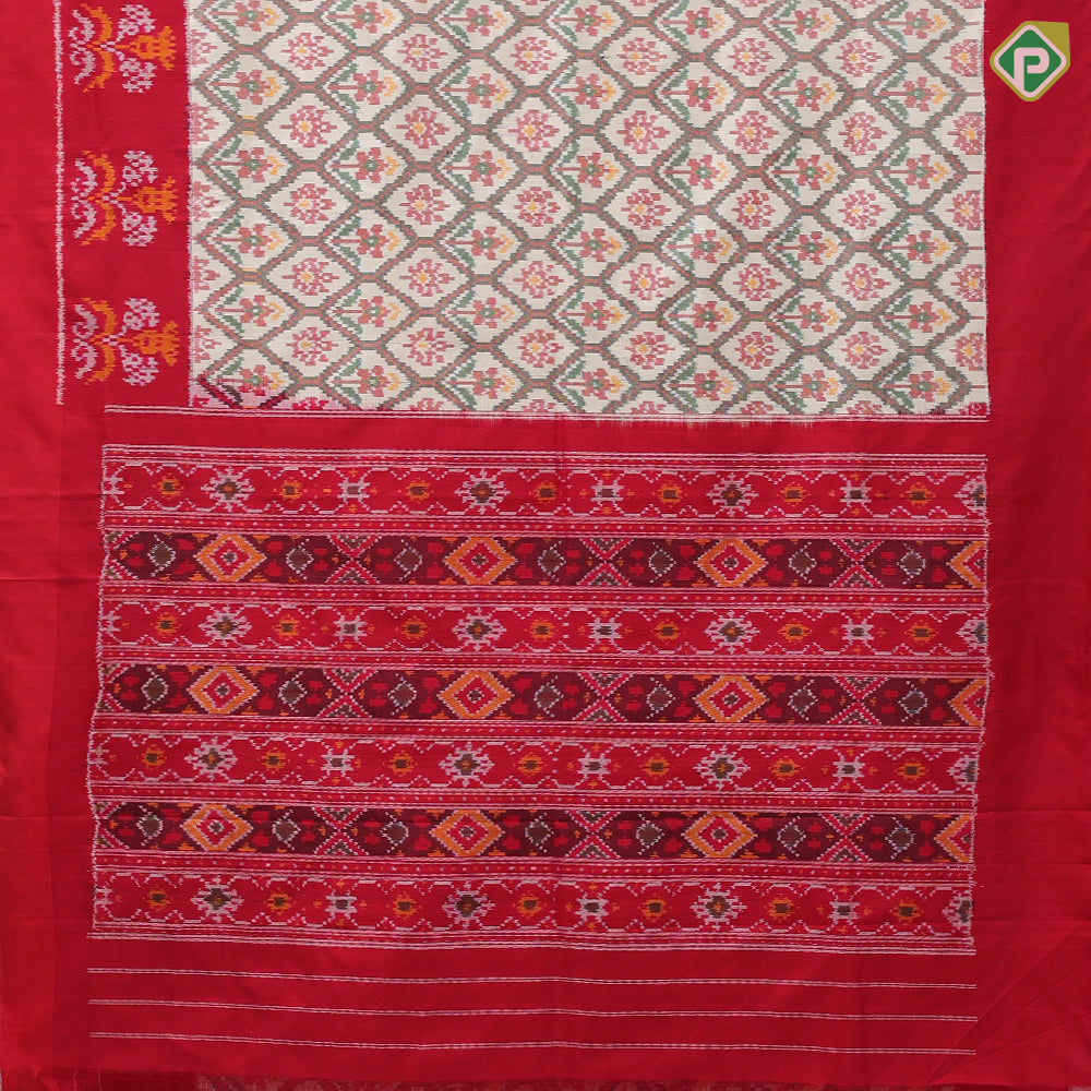 cream white with multi color ikkat design maroon red ikkat design half plain border ikkat silk saree