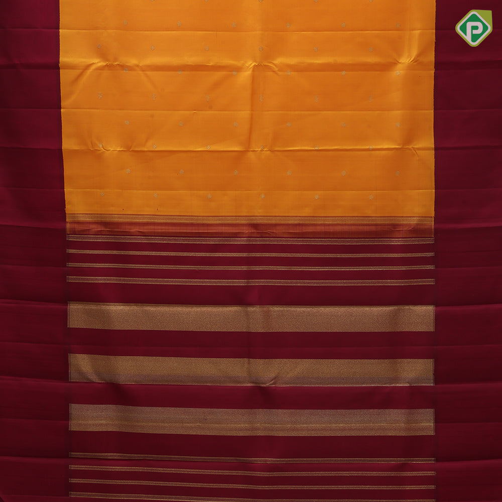 Mango yellow gold zari rudraksham butta design contrast maroon gold zari padded border traditional silk saree