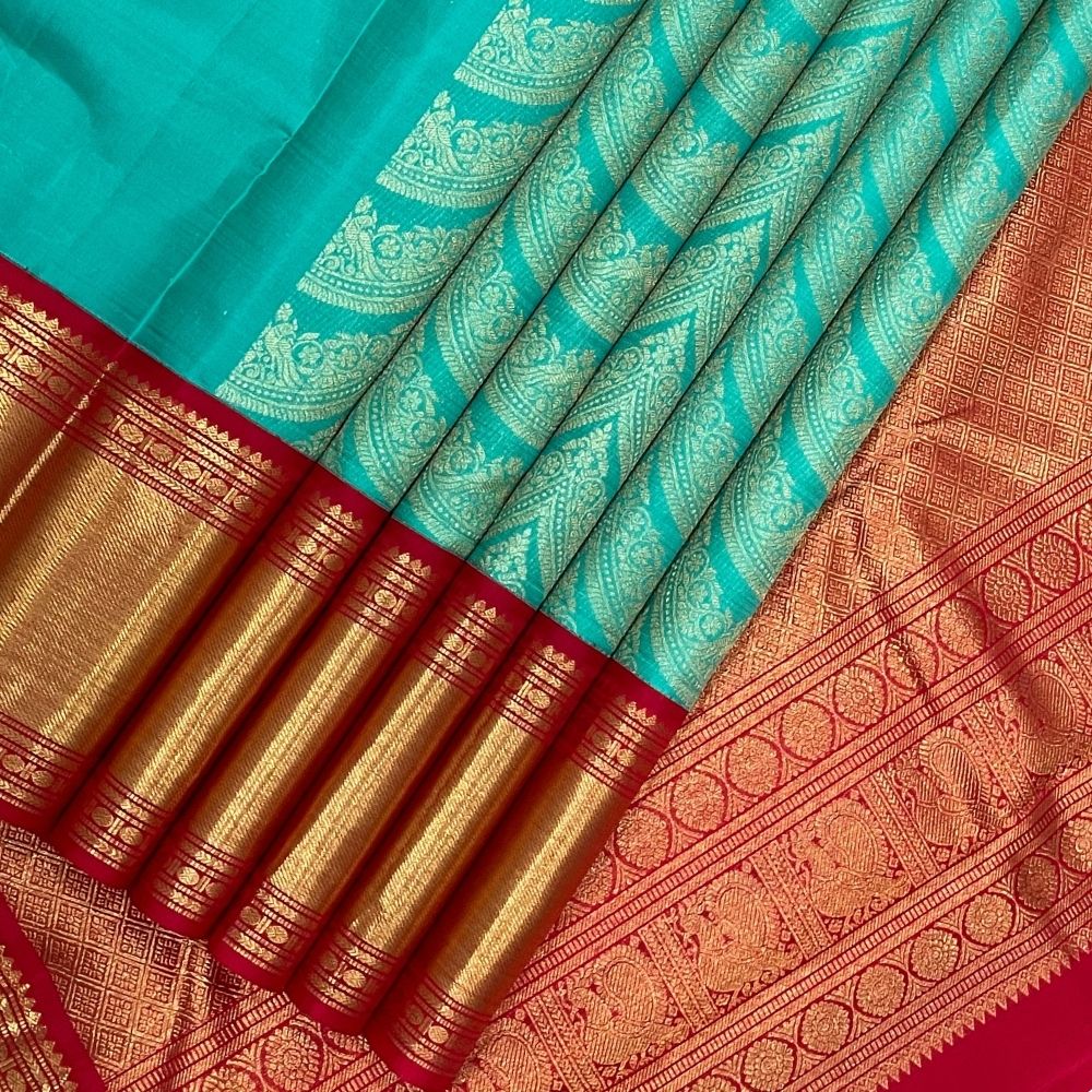 Rexona Green With Chilly Red Gold Zari Bavanji Rettapet Border Exclusive Bridal Silk Saree
