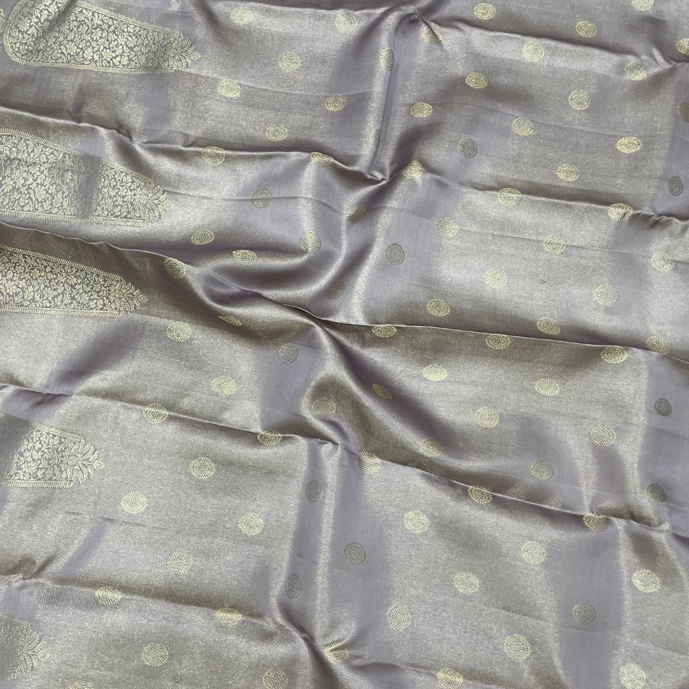 Grape Grey Silver Gold Zari Cross Design Border Tissue Silk Saree