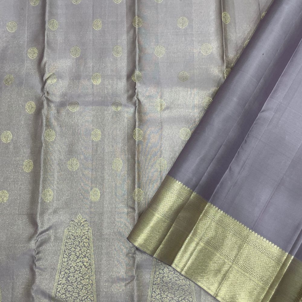 Grape Grey Silver Gold Zari Cross Design Border Tissue Silk Saree