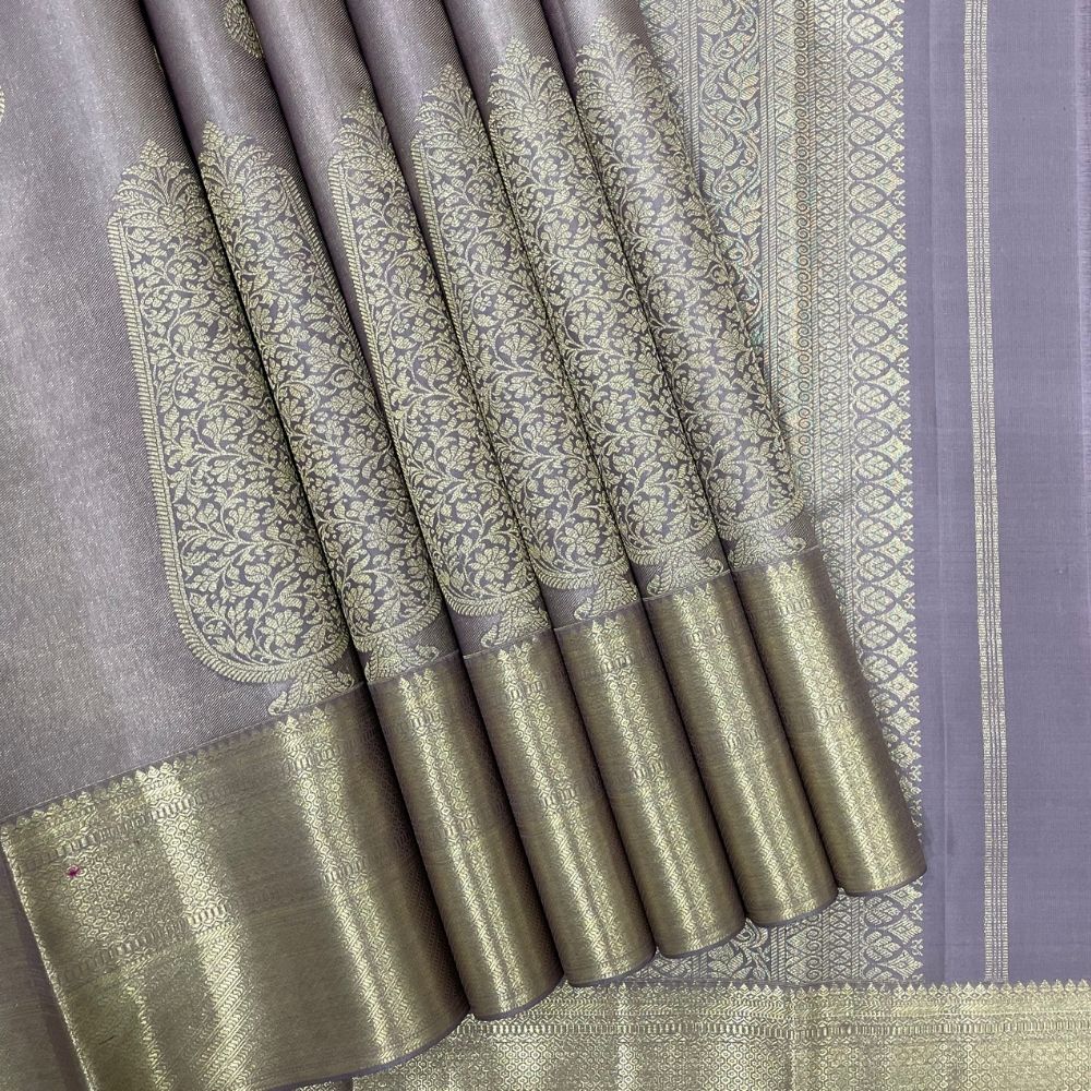 Grape Grey Silver Gold Zari Cross Design Border Tissue Silk Saree