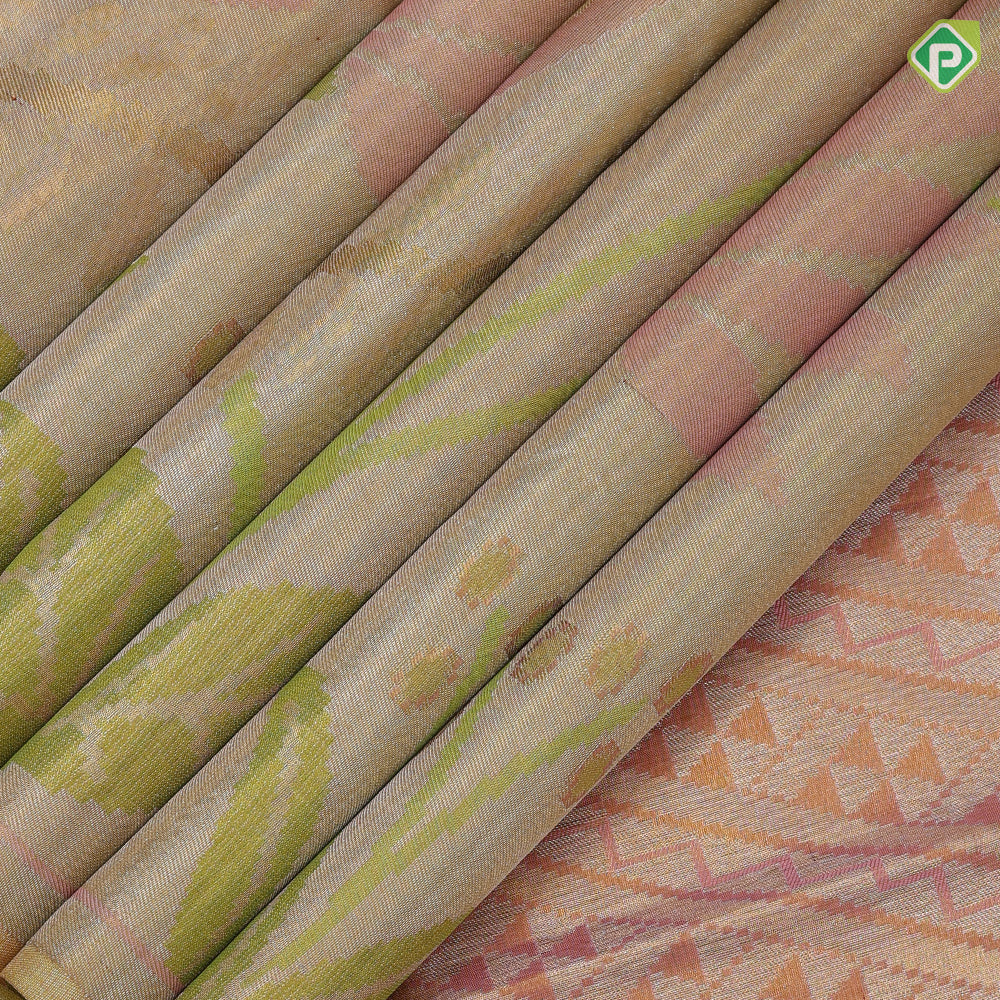 Lemon green base multi color big floral design borderless painting inspired tissue silk saree