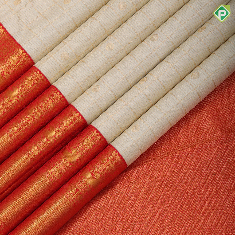 White gold zari checked window panel rudraksham butta rani red gold zari yali butta lines traditional silk saree