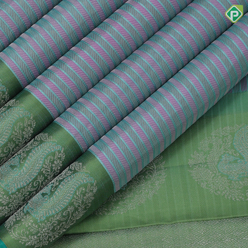 multi color thread and zari velthari lines design pista green multi color zari meena work peacock butta border traditional silk saree