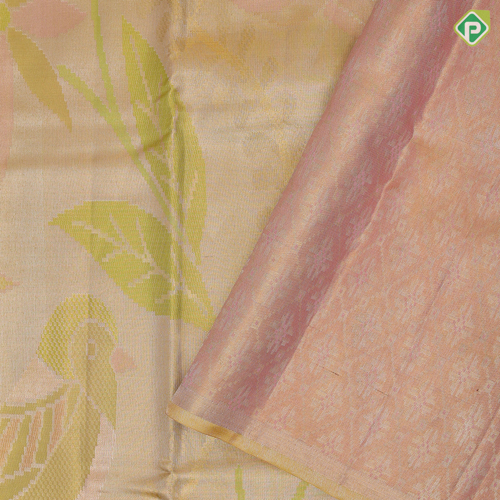 Lemon green base multi color big floral design borderless painting inspired tissue silk saree