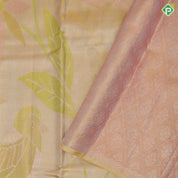 Lemon green base multi color big floral design borderless painting inspired tissue silk saree