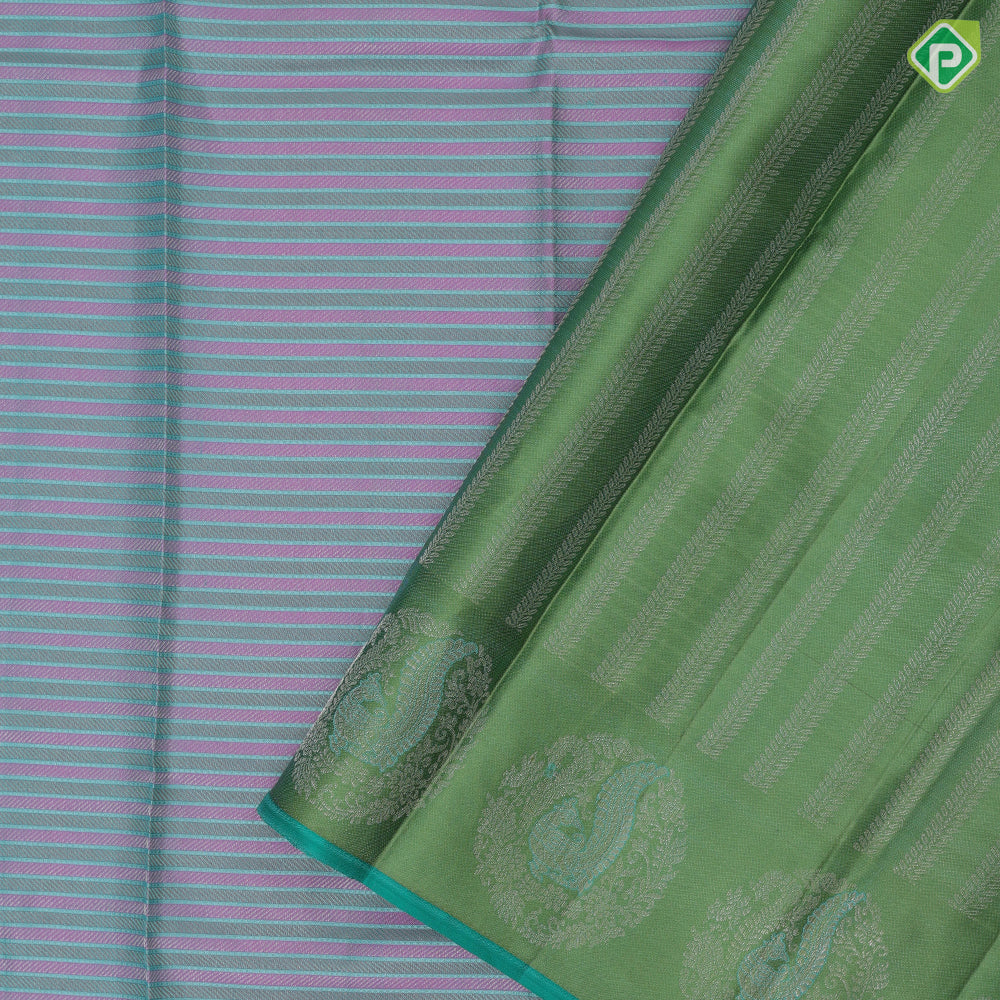 multi color thread and zari velthari lines design pista green multi color zari meena work peacock butta border traditional silk saree