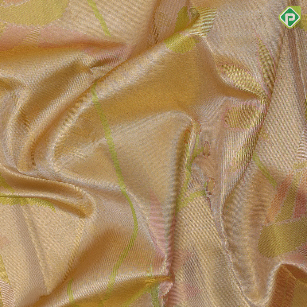Lemon green base multi color big floral design borderless painting inspired tissue silk saree