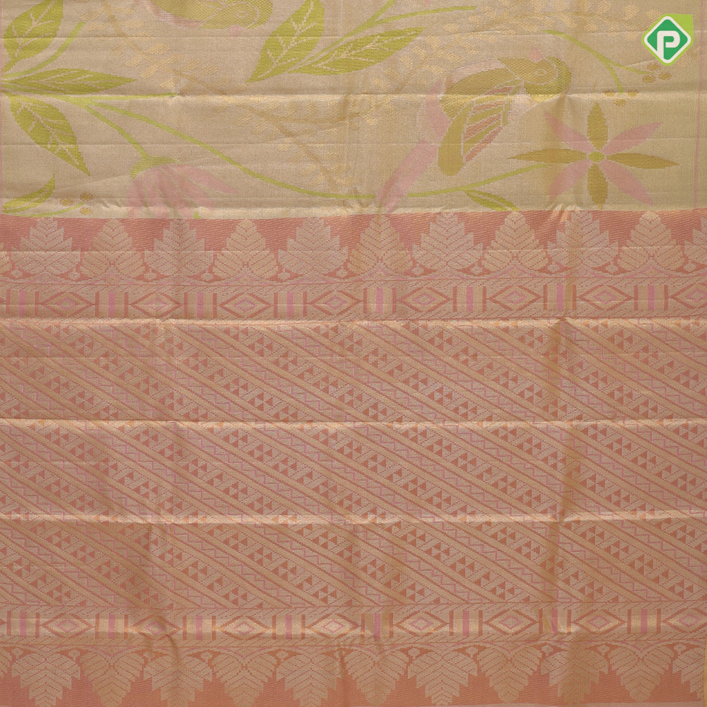Lemon green base multi color big floral design borderless painting inspired tissue silk saree