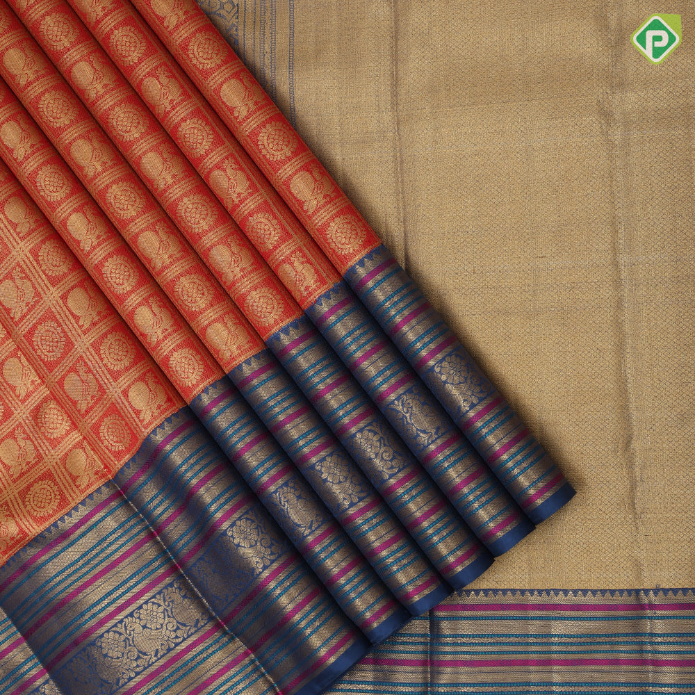 Chilly red gold zari peacock rudraksham checks design contrast gold zari multi color meena work border Exclusive signature edition silk saree