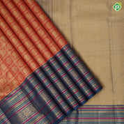 Chilly red gold zari peacock rudraksham checks design contrast gold zari multi color meena work border Exclusive signature edition silk saree