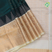 Peacock blue gold zari lines thilagam buttas design milk cream gold zari border silk cotton saree