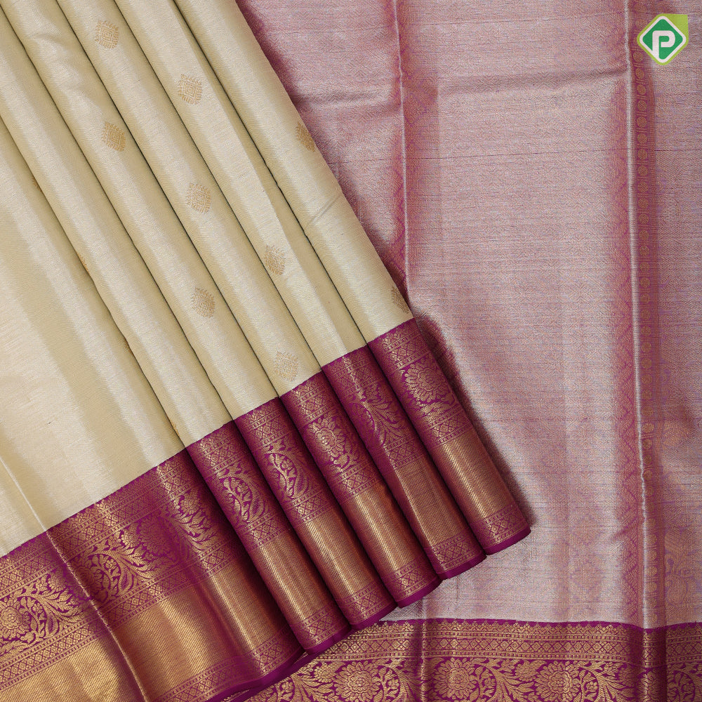 Sandal grey gold zari diamond butta shimmer tissue contrast purple gold zari rangoli floral border signature edition silk saree