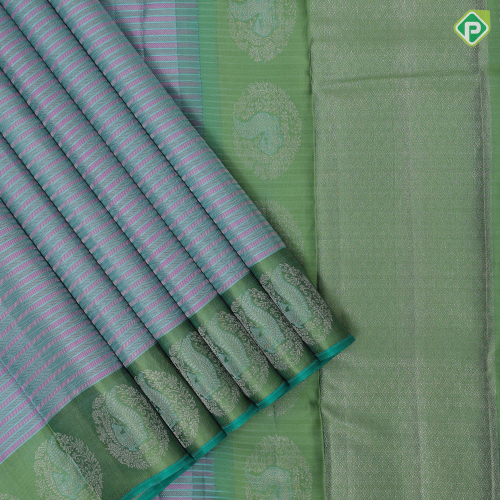 multi color thread and zari velthari lines design pista green multi color zari meena work peacock butta border traditional silk saree