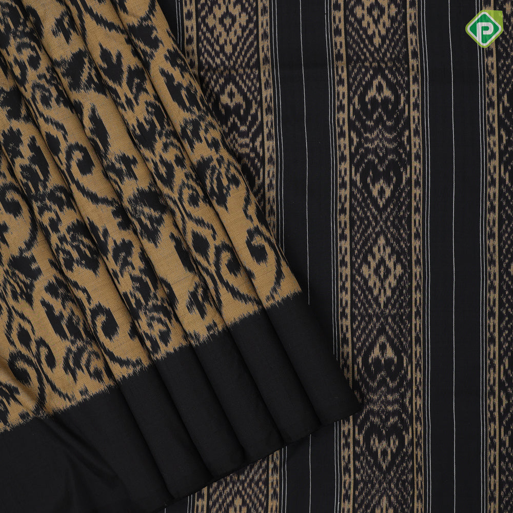 golden base black ikkat design black plain border ikkat design silk saree