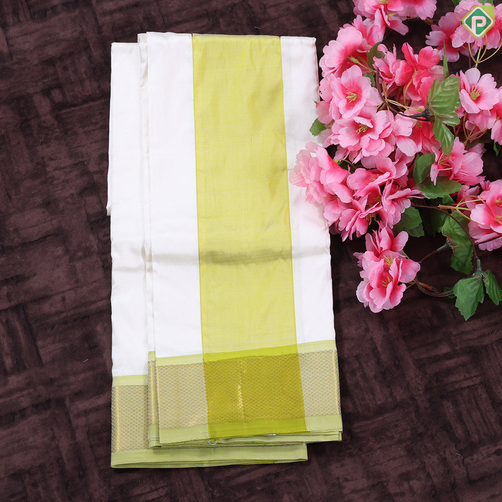 Cream White Parrot green Gold Zari 120 Kuligai Mayikan Border Vest Dhoti Shirt Set