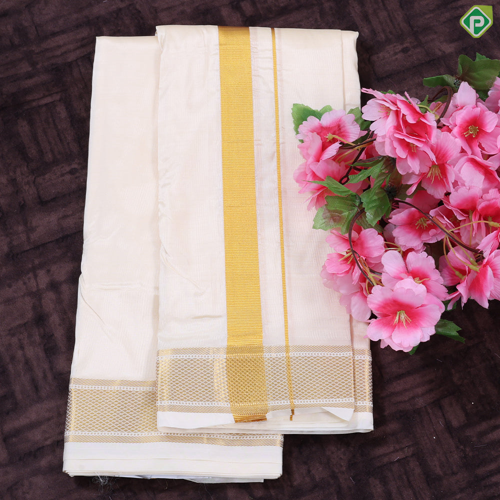 Creamy Sandal Gold Zari Mayilkan Border 2 in 1 Pure Mix Silk 8 Muzham Dhothi Set