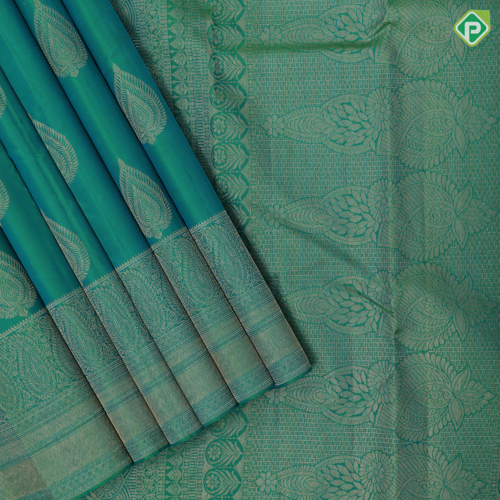 Bottle green gold zari leaf design self gold zari mango butta border gift silk saree