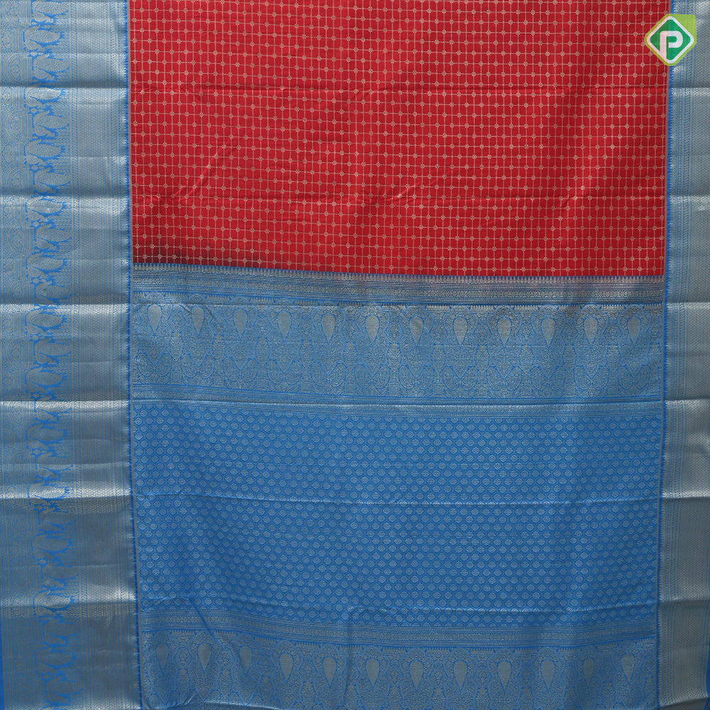 Tomato red gold zari beads design zari kattam true blue silver gold zari peacock butta border Art silk saree