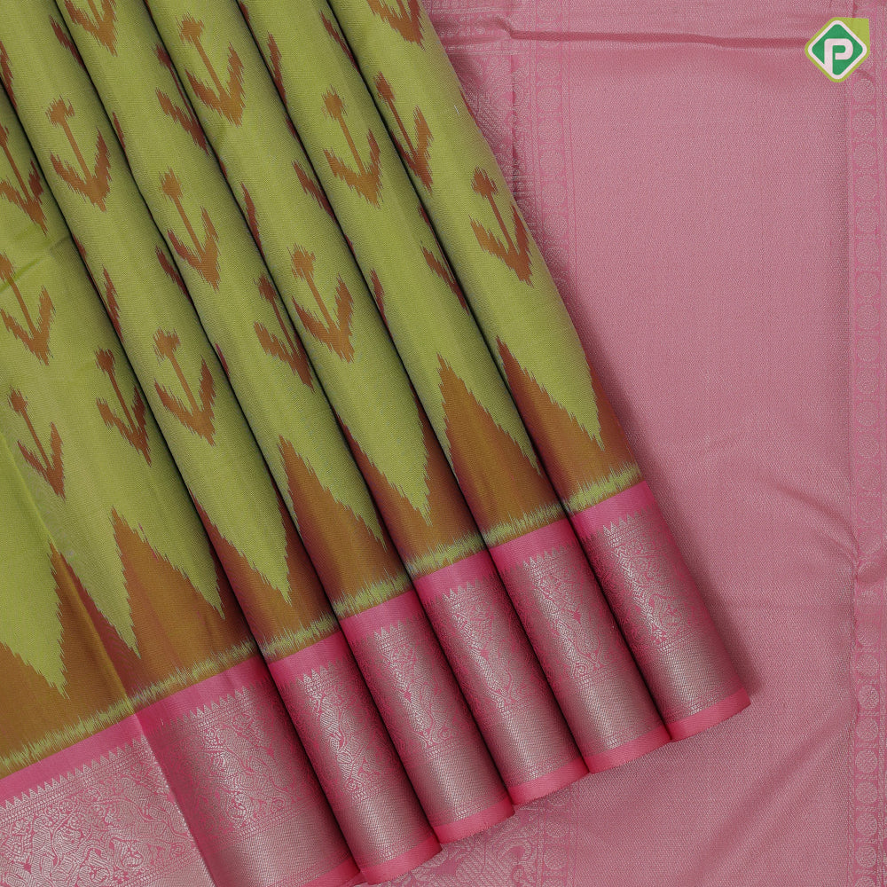 parrot green ikkat design pale pink silver zari double peacock arch design border gift silk saree