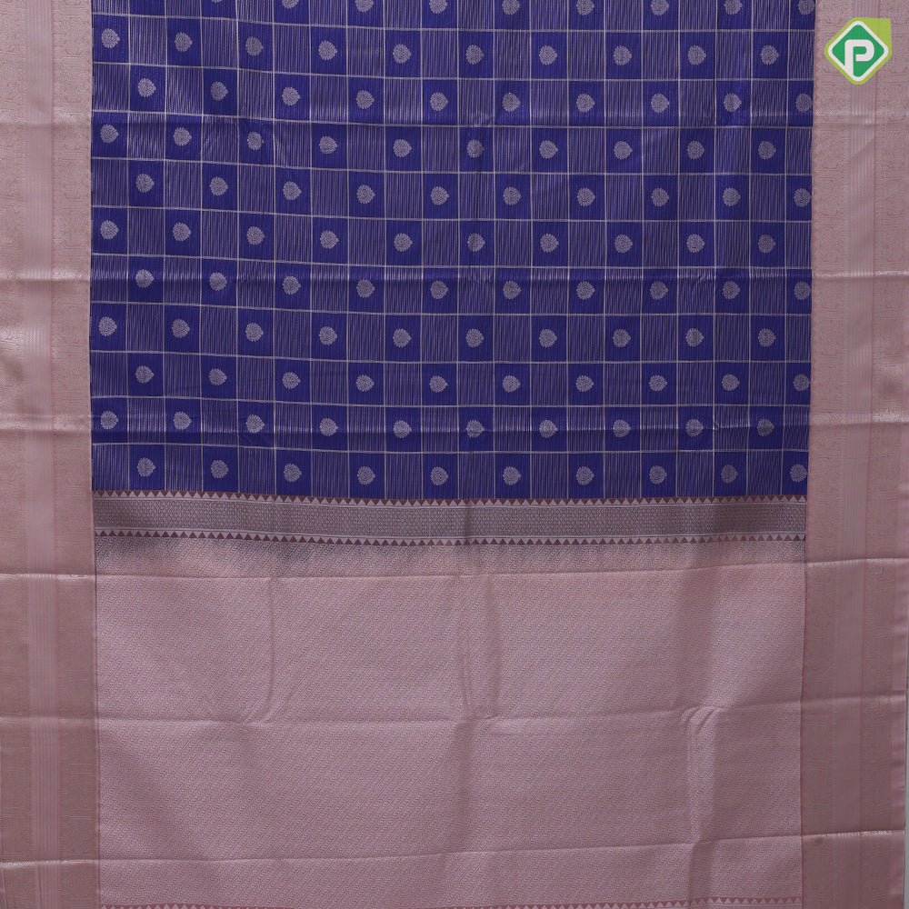 Royal blue gold zari window panel and thilagam design peach pink neem zari rettapet border art silk saree